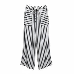 Blue Island Striped Wide Leg Crop Pants Nautical Rayon Look Coastal Chic Flowy